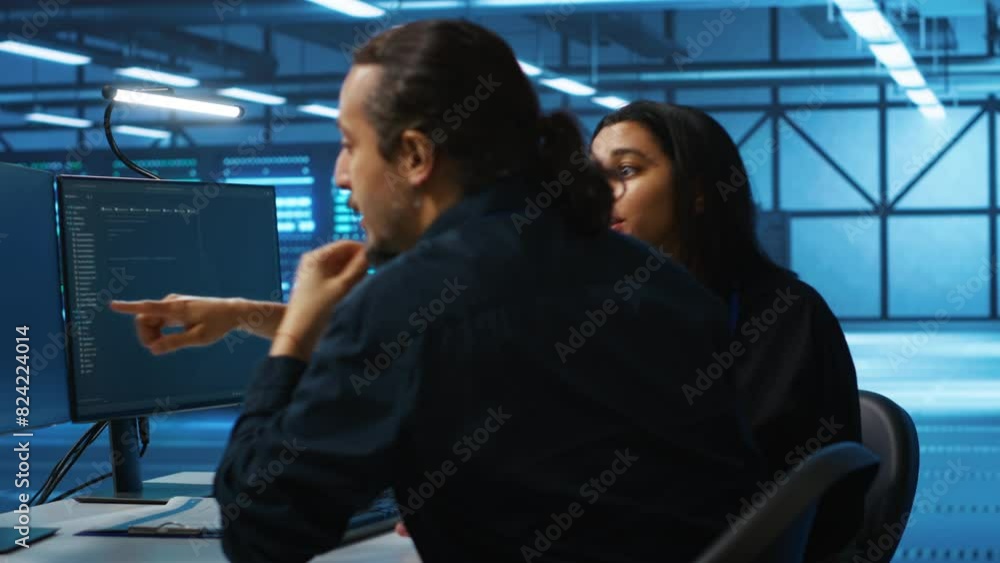 Poster team of engineers working together supervising server rows in computer network security data center.