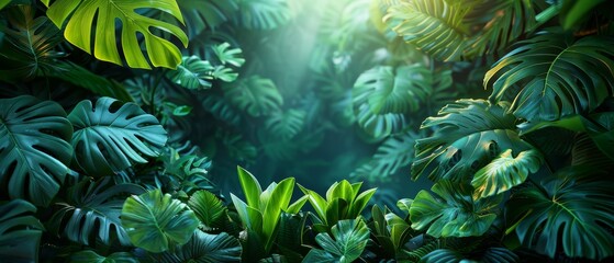 Background Tropical. Amidst the vibrant greenery, the rainforest serves as a sanctuary of life, where every leaf, vine, and branch is integral to upholding the delicate balance of the ecosystem.