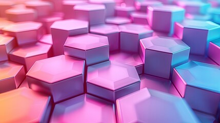 3D rendering, abstract background with pink and blue glowing hexagons