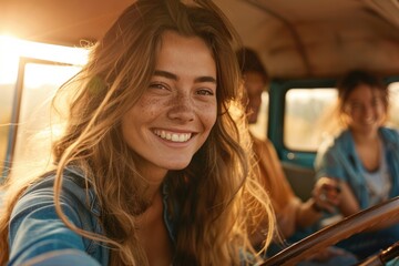 Young woman in the car, smiling at the camera
