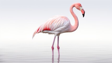 A pink flamingo stands in a body of water