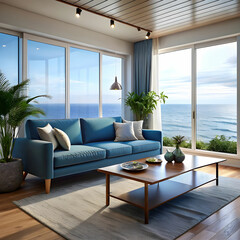 cozy living room with a blue sofa a coffee table