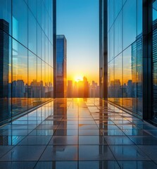 a office building overlooking the city skyline at sunset with glass walls in the style of modern art and architectural beauty