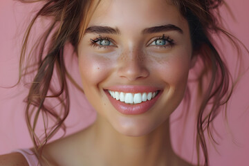 Beautiful young woman female smiling showing perfect white teeth. Dental stomatology whitening and treatment advertisement concept.