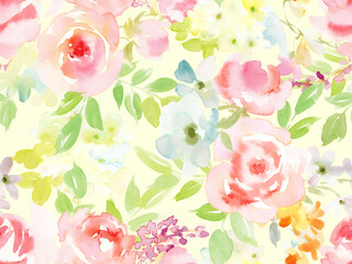 Seamless pattern of softly colored watercolor-painted roses and flowers