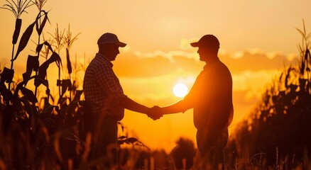 Obraz premium The farmer and the new selection manager shaking hands in front of sunset, silhouette shot, with corn field in background
