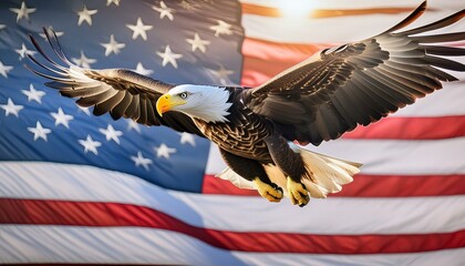 Bald eagle in flight with an American flag in the background