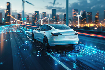 New energy vehicles driving on urban roads at night