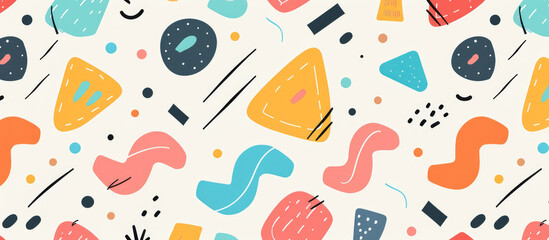 Seamless pattern with colorful hand drawn shapes and doodles, flat vector illustration in the style of playful cartoon illustrations