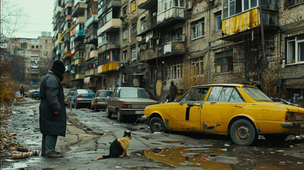Man and cat on a rundown street with old, deteriorating buildings and abandoned cars