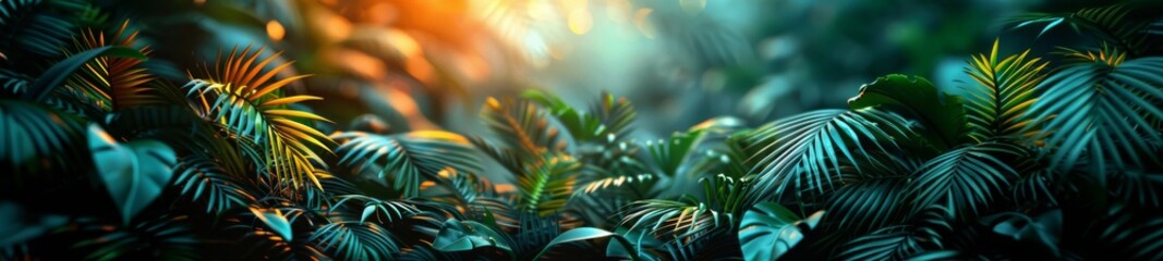Background Tropical. Moisture drips from the lush foliage, with each leaf glistening in the sunlight, droplets sparkling like diamonds in the dappled light.