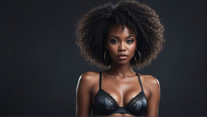 pretty african woman in black seductive stylish underwear posing on plain studio background