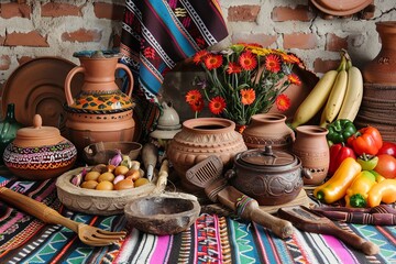 Fototapeta premium Traditional kitchen tools set in a still life scene, representing Mexico's culinary heritage. Cultural exploration of culinary traditions