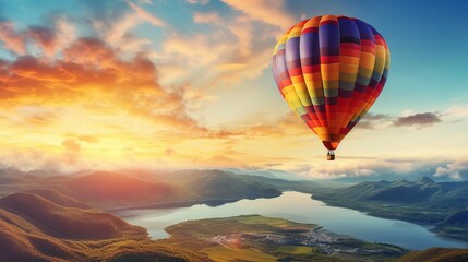 Fototapeta premium A hot air balloon is flying over a beautiful landscape with mountains and a lake