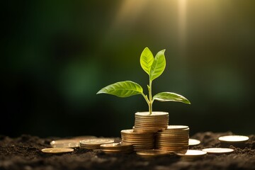A plant is growing on top of a pile of coins