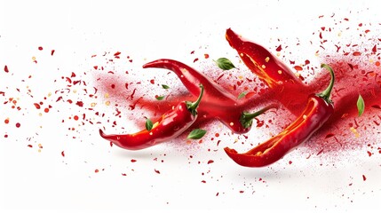 Photorealistic chilli pepper slices and red dust splash isolated on white background
