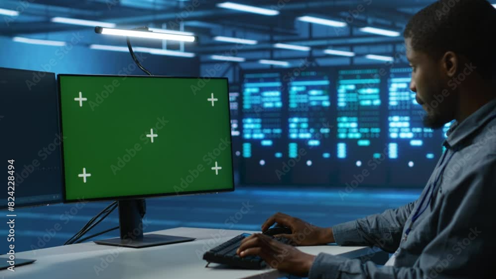 Poster african american software developer coding on green screen computer, upgrading equipment. system adm