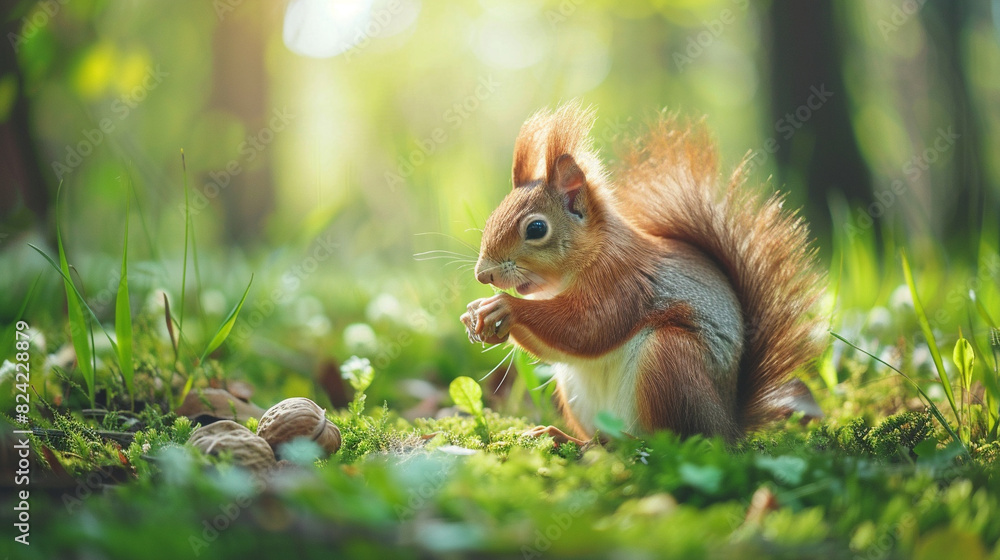 Wall mural Squirrel eating a nut in green spring forest.