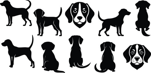 Beagle dog silhouette vectors. Set of black flat beagle dog silhouettes vector illustrations.