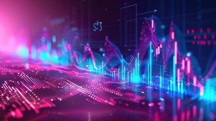 digital stock market background with charts and graphs. abstract technology wallpaper design with glowing light effect. blue, purple and pink color.