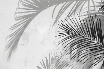 White gray grunge cement texture wall leaf plant shadow background.Summer tropical travel beach with minimal concept. Flat lay palm nature