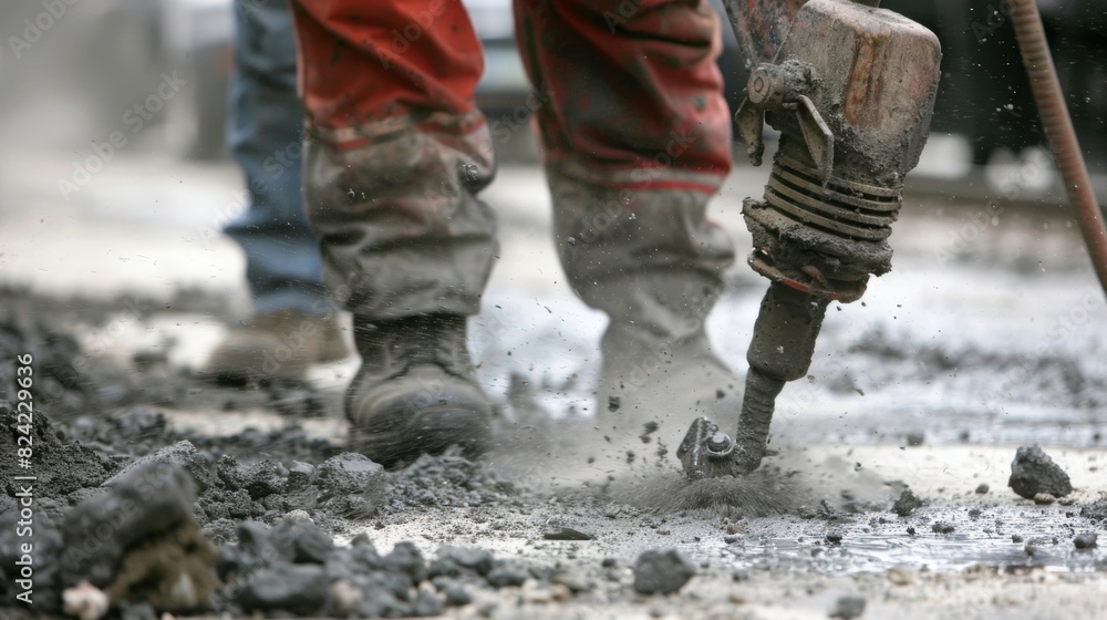 Poster in a closeup shot a worker can be seen using a jackhammer to break apart a stubborn chunk of concret