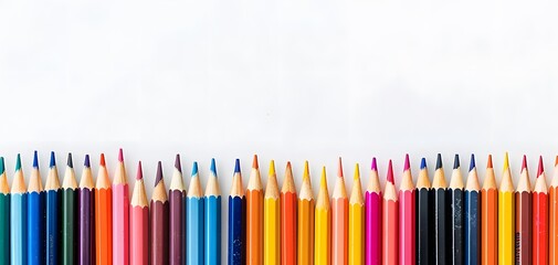 Row of colored pencils, Back to school banner design. Rainbow color pencil and used as a background. copy space. isolated on white. 