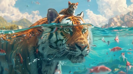 a whimsical and playful scene where a large tiger is swimming in clear blue waters with a small tabby cat perched confidently on its head