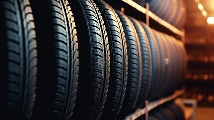 Fototapeta premium A photo of a stack of car tires in a repair shop.