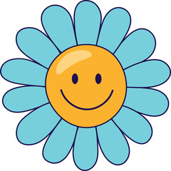 Groovy sunflower with smile, retro sticker