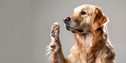 Golden retriever dog giving high five against white background. Concept Dog Photography, Pet...