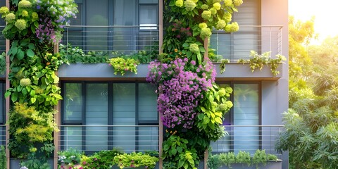 Adorning a building facade with lush greenery to create a vibrant and eco-friendly aesthetic. Concept Building Facade, Lush Greenery, Vibrant Aesthetic, Eco-Friendly Design