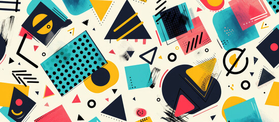 Abstract pattern with colorful geometric shapes and lines, including circles, triangles, squares, dots and irregular figures on a white background
