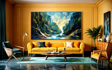 futuristic Vibrant yellow sofa and chair near teal wall . interior design of futuristic living room.