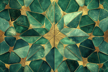 Intricate geometric abstract pattern in rich tones of green and gold, forming a detailed, luxurious design