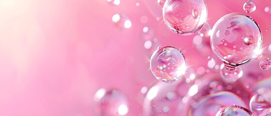 Fliying Transparent Soap Bubbles on pink Background, wallpaper, banner. copy space.
