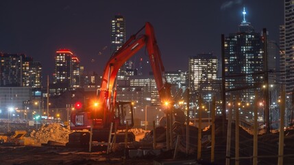 The hum of machinery and the neon glow of reflective gear illuminate the skyline as construction continues well into the night.