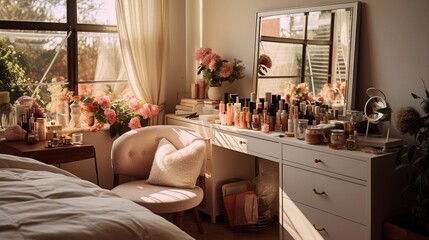 A photo of a well-arranged and styled bedroom vanity.