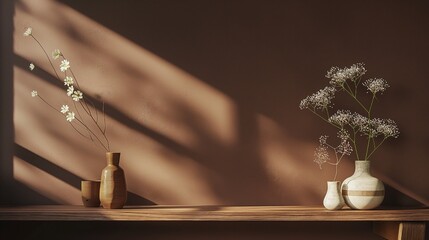 Interior wall mock-up with a flower vase, a dark brown wall, and a wooden shelf.
