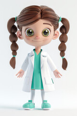 Charming Cartoon Girl Doctor with Big Eyes, Pigtails, and Stethoscope in White Coat