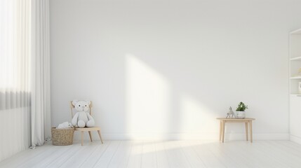 Mock up the wall in the children's room in light white color with a white background