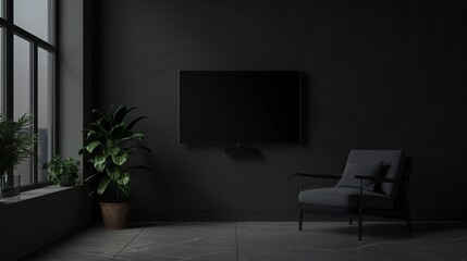Mock up a TV wall mounted in a dark room with an armchair on the dark wall background.