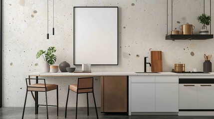 Mock-up poster frame in kitchen interior with terrazzo wall background