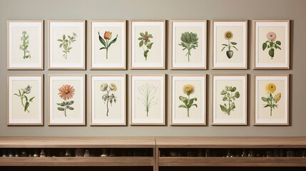 A photo of a well-curated gallery of botanical prints.