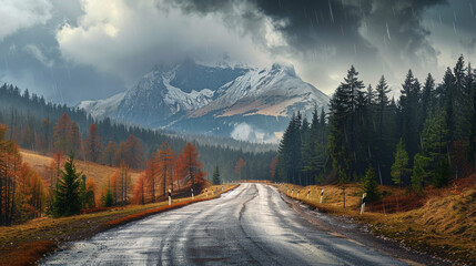 road to high tatra mountain ridge in stormy weather with rain cloud background