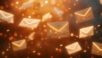 A background of envelopes flying in the air, with blurred lights and orange color tones. The foreground is made up of an envelope in focus, surrounded by many smaller envelopes.