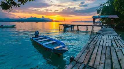 Obraz premium Fishing boat on Beautiful seascape sunset landscape, twillight. horizontal. wallpaper. leaning on the pier.