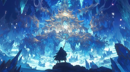 A person standing in an icy cave, gazing at the horizon where there is no light except for faint blue electric lights emanating from some energy source, creating a surreal and dreamlike atmosphere. Th