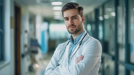 Fototapeta premium man doctor medic professional in white coat, stethoscope standing with arms crossed on chest looking at camera
