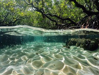 The rhythmic rise and fall of the tide in a mangrove forest, with water levels fluctuating throughout the day, revealing the dynamic nature of this unique coastal ecosystem - Powered by Adobe